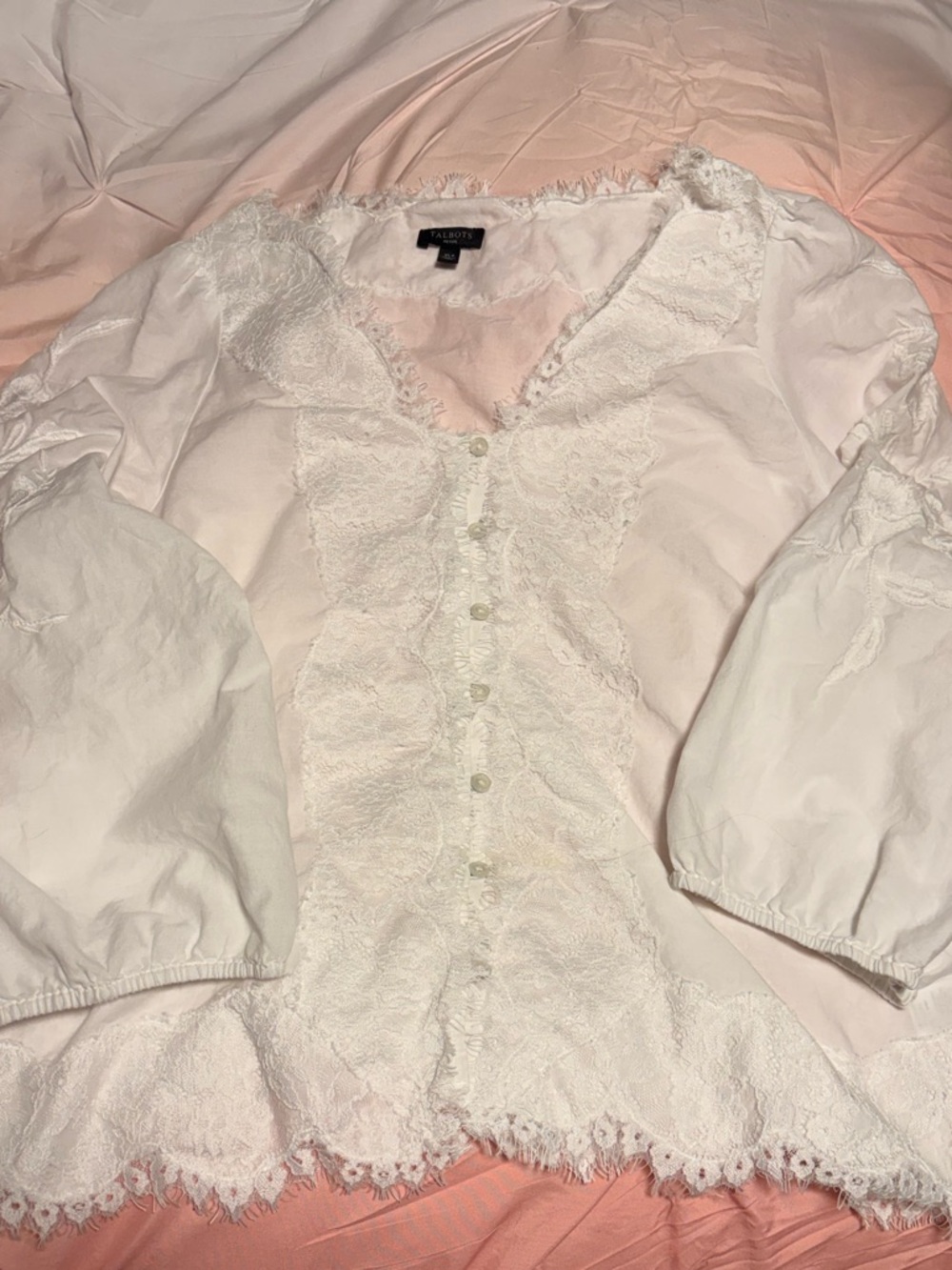 Talbots white, lace-trimmed, long-sleeve shirt